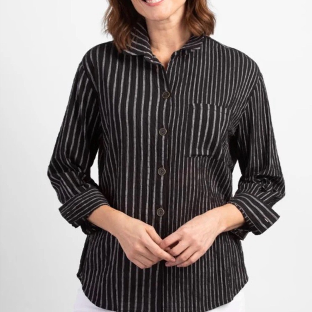 Habitat Flip Strap Boyfriend Shirt Black Gray Vertical Stripes size S Lagenlook